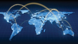 large blue world map lining different locations